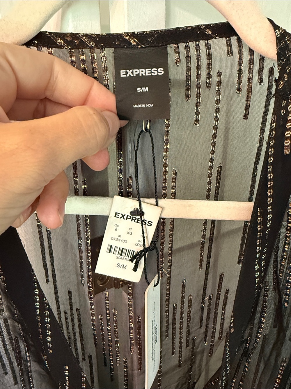 Express Black Sheer Metallic-Striped Tie-Waist Maxi Dress/ Boho cover up - Picture 4 of 5